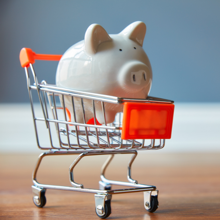 Picture of piggy bank in small shopping trolley