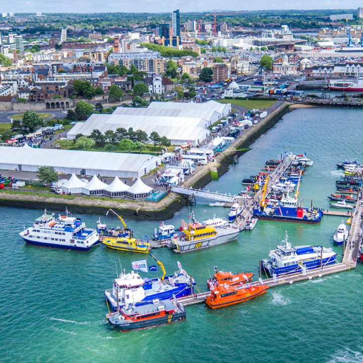 Aerial picture of Seawork trade show showing exhibition area and boats out on the water