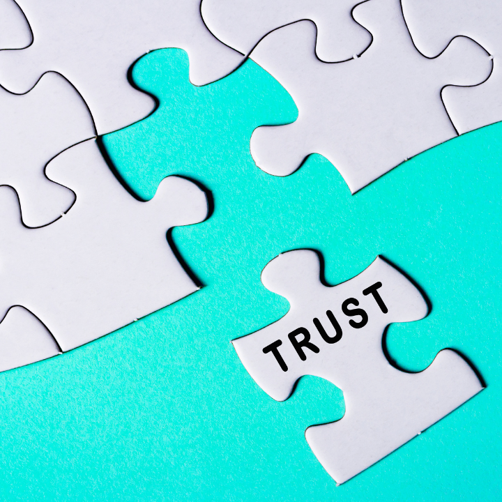 Puzzle pieces with one taken out and 'trust' written on