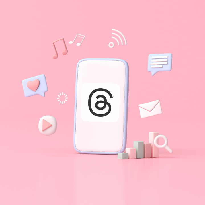 Phone with Threads logo on pink background with social images scattered around